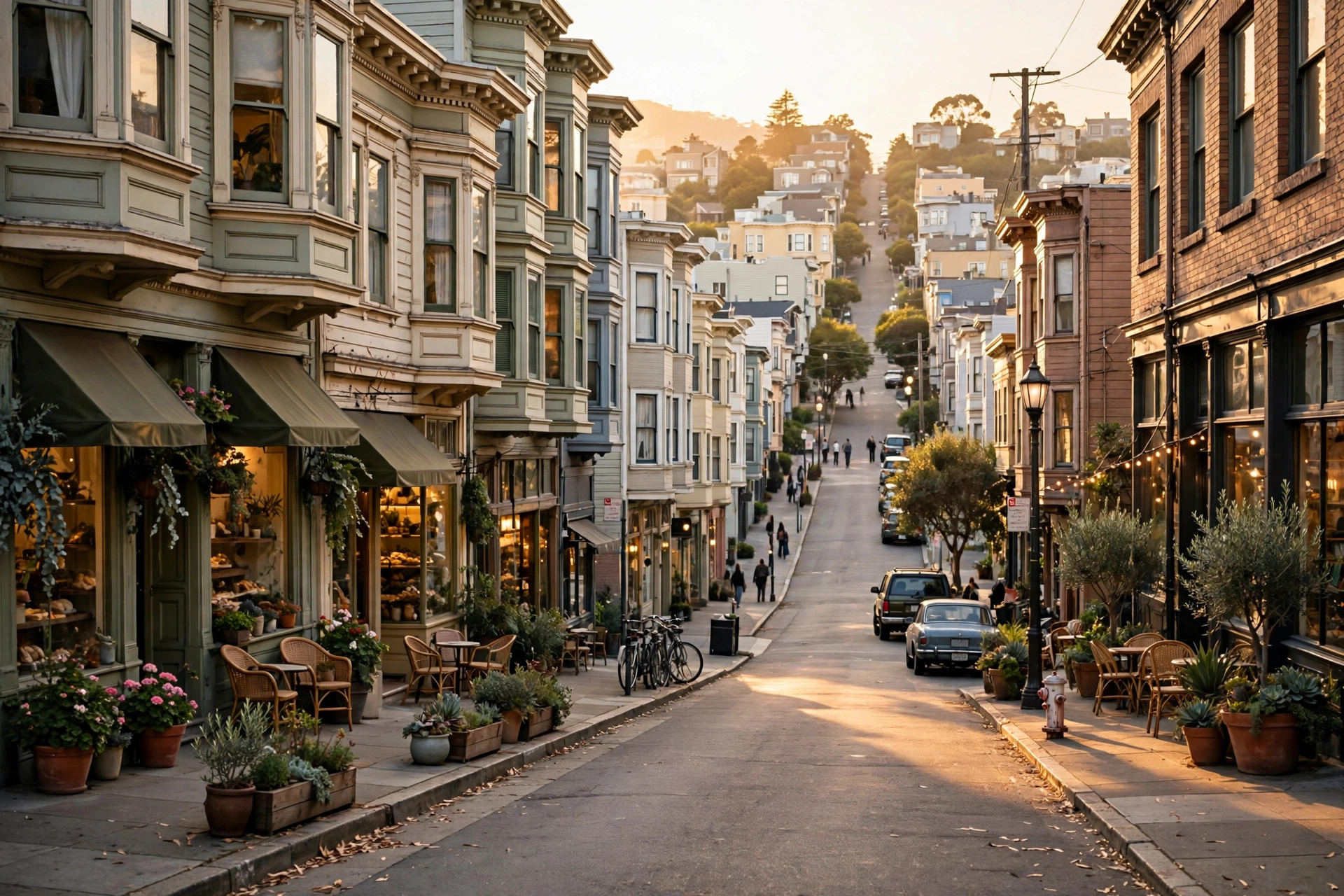 A classic San Francisco street with small businesses at golden hour