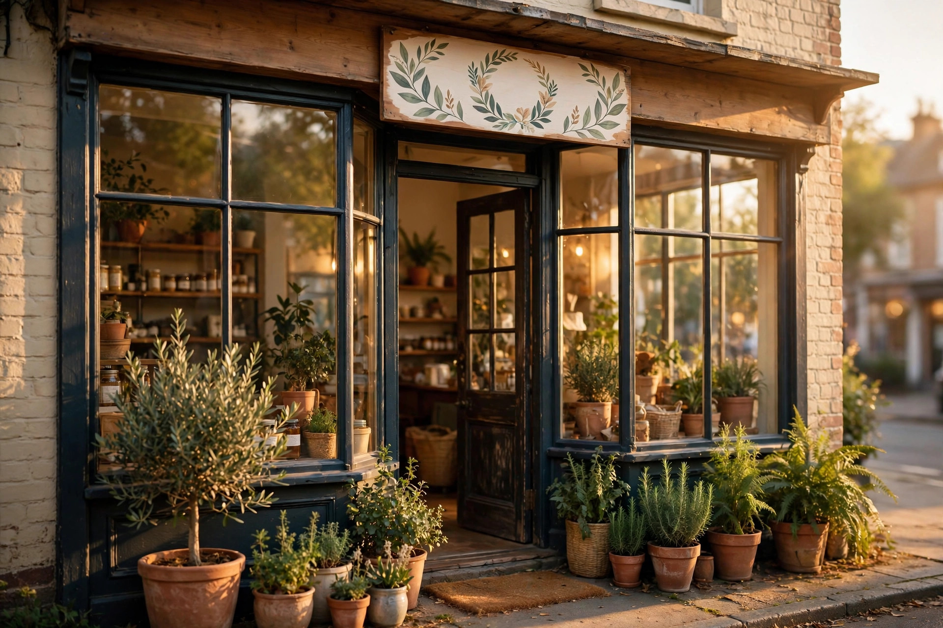 A welcoming local business storefront glowing in warm evening light