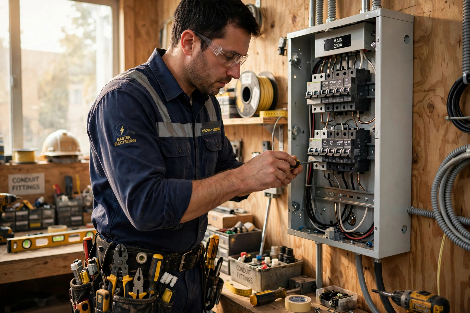 A professional electrician at work on a residential electrical panel