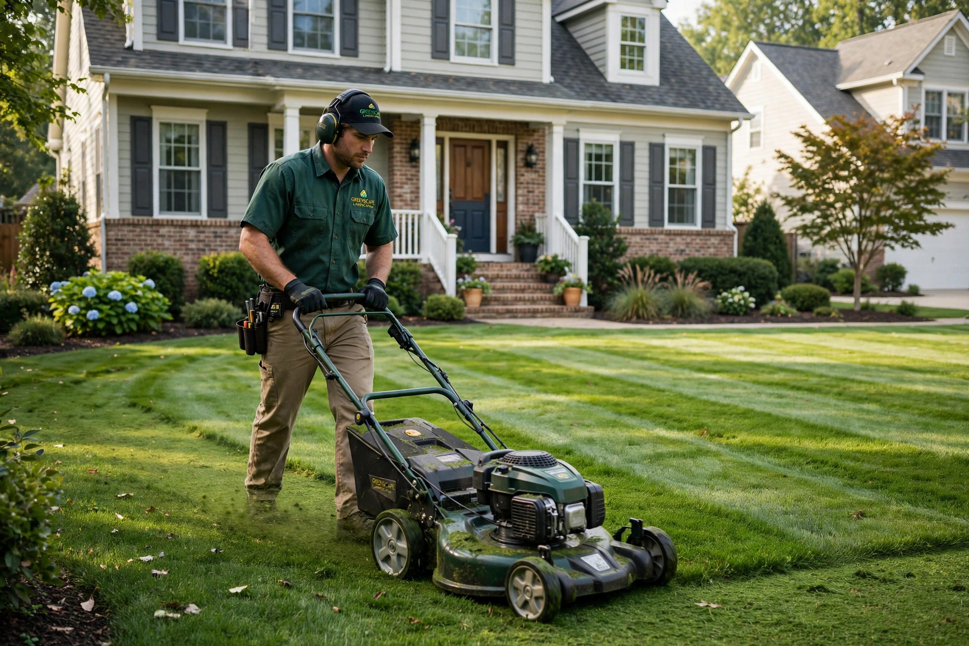 Landscaper mowing a lawn